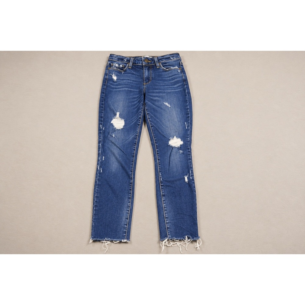 Free People Straight Leg Jeans Women 26 Blue Distressed Raw Hem Mid Rise